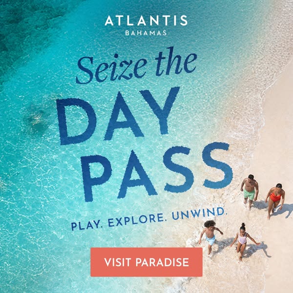 This image ad for Atlantis Bahamas promotes their Day Pass, inviting potential visitors to 'seize the day' with 