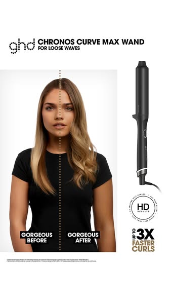 This ad features a before and after of a woman's hair, styled with the ghd Chronos Curve Max Wand. The ad highlights