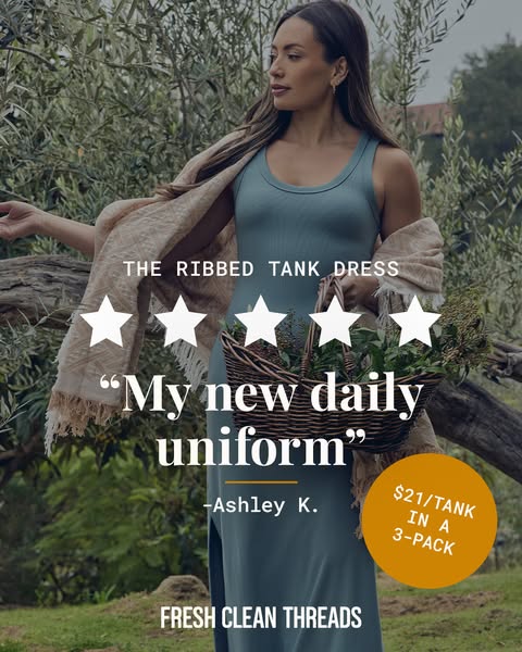 This image ad promotes Fresh Clean Threads' ribbed tank dress, emphasizing comfort and versatility as highlighted by