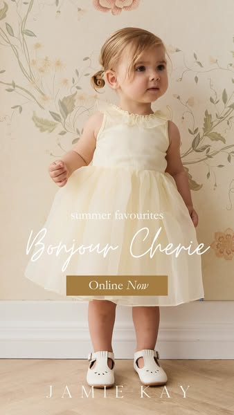 This ad features a young child wearing a dress and shoes from Jamie Kay. The ad is promoting the brand's summer favo