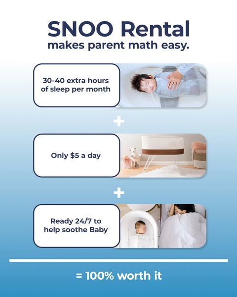 This ad uses a math equation format to highlight the benefits of renting the SNOO bassinet. It emphasizes the extra slee