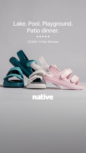 This image ad for Native shoes showcases three pairs of the brand's sandals in different colors, highlighting their 
