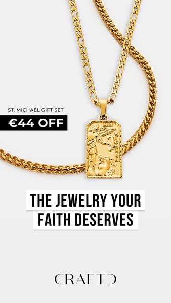 This ad showcases a gold necklace and pendant set from Craftd, emphasizing its connection to faith and offering a discou