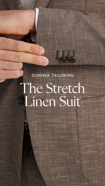 This ad promotes a linen suit, highlighting its suitability for summer wear. It features a close-up shot focusing on the