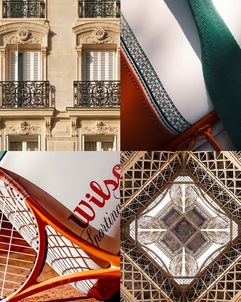 This image ad presents a collage of different photographs. These photographs are of architectural features, tennis equip