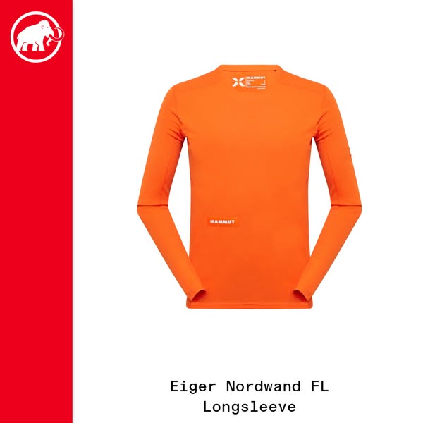 This ad showcases the Mammut Eiger Nordwand FL Longsleeve. The ad features a product shot of the long sleeve shirt again