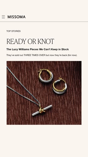 The ad showcases the Lucy Williams collection by Missoma, highlighting that these pieces are so popular, they sell out q