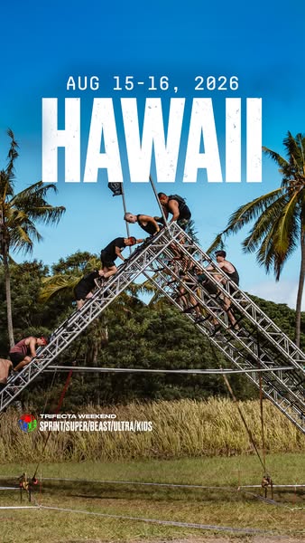 This image ad promotes the Trifecta Weekend in Hawaii, which includes Sprint, Super, Beast, Ultra, and Kids races.