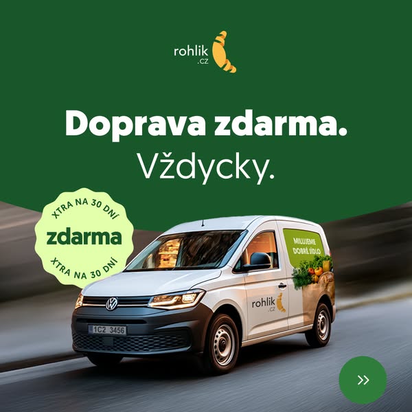 This image ad for Rohlik promotes free delivery. It features a delivery van with the brand's logo and an image of fr