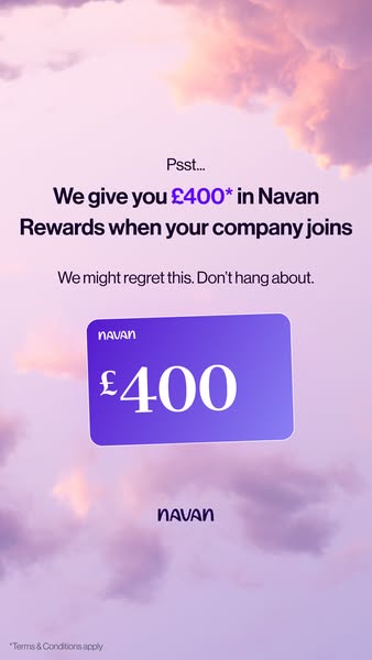 This ad promotes Navan by offering £400 in Navan Rewards when a company joins. The ad uses a dreamy, cloud-filled backgr