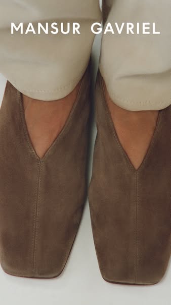 This ad features a close-up shot of a pair of Mansur Gavriel square-toe flats in a neutral color. The focus is on the te
