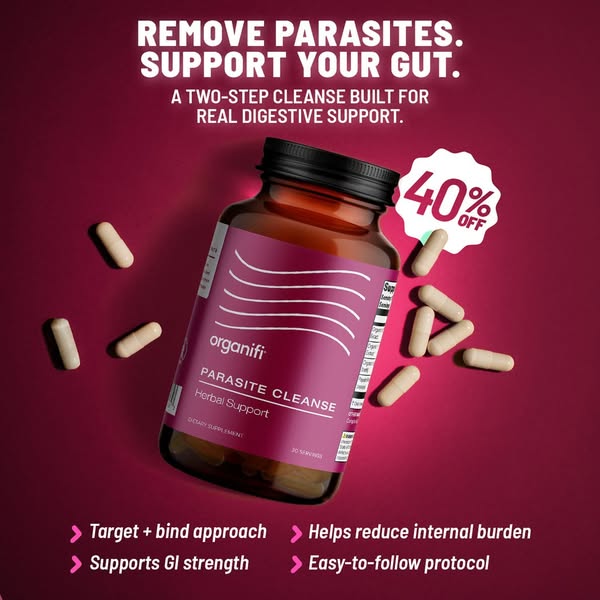 This image ad promotes Organifi's Parasite Cleanse, a two-step cleanse designed to support gut health. The ad highli