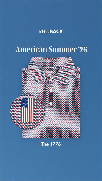 A polo shirt with a pattern of red and blue whales in the shape of the US flag is being advertised.