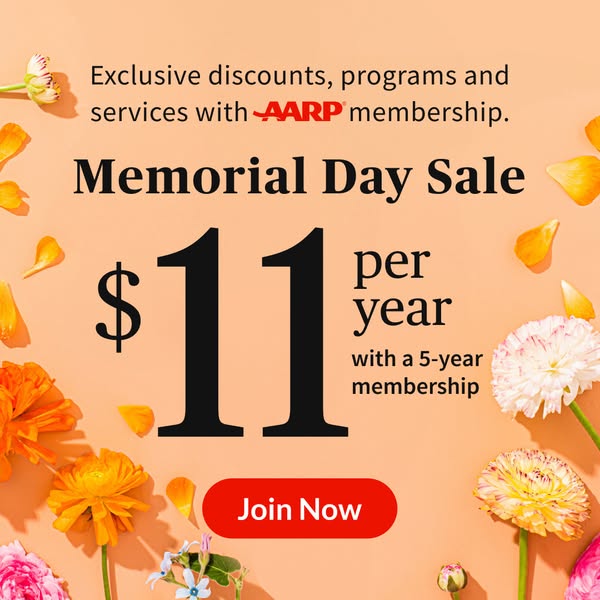 This image ad for AARP promotes a Memorial Day Sale offering a five-year membership for $11 per year.