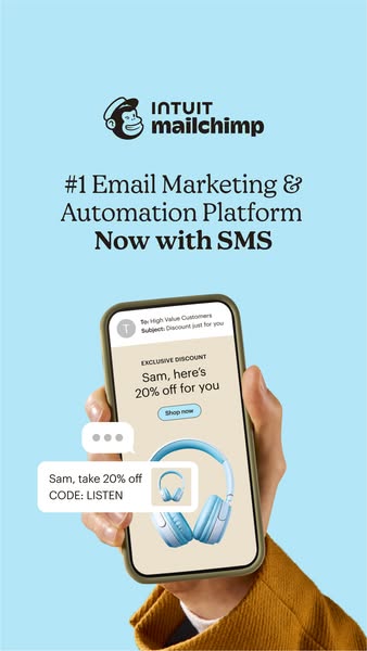 This ad promotes Mailchimp as the #1 email marketing and automation platform, now with SMS. It features a phone displayi