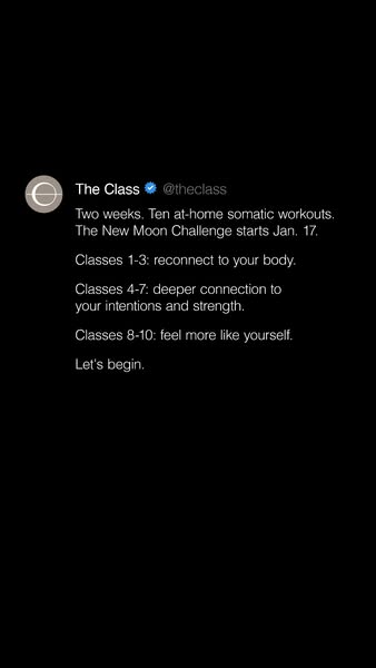 Ad promoting a new at-home somatic workout series called the New Moon Challenge, beginning January 17th. The series incl