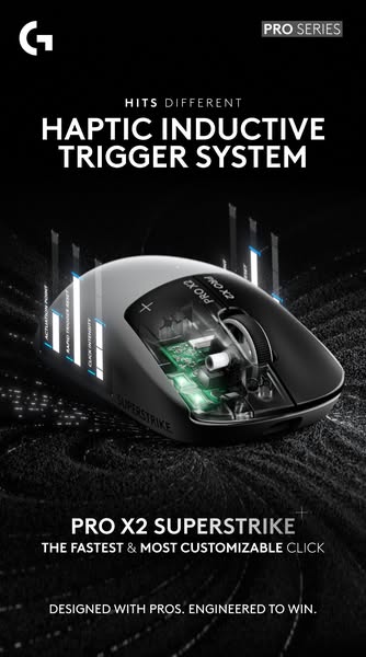 This ad showcases the Logitech PRO X2 SUPERSTRIKE mouse, highlighting its haptic inductive trigger system and customizab