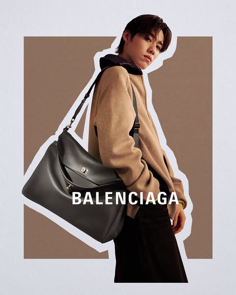 This ad showcases a person wearing the Balenciaga bag. The brand logo is emphasized.