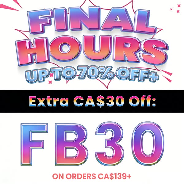 A vibrant, graphic ad promoting a limited-time offer of up to 70% off, plus an additional CA$30 off orders of CA$139 or 