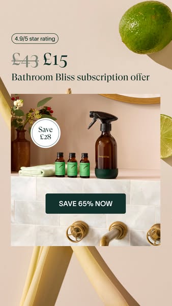 The ad showcases a "Bathroom Bliss subscription offer" for £15, reduced from £43, highlighting a saving of £28