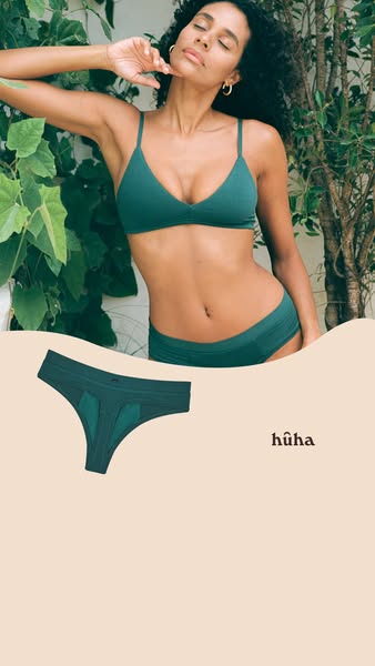 This ad for hūha features an image of a woman wearing a matching bra and underwear set. The ad highlights the brand name