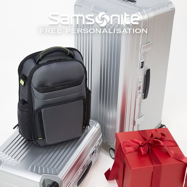 This ad showcases a backpack and two suitcases from Samsonite, highlighting the offer of free personalization.