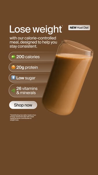 This ad promotes Huel Diet as a calorie-controlled meal replacement designed to help people lose weight and stay consist