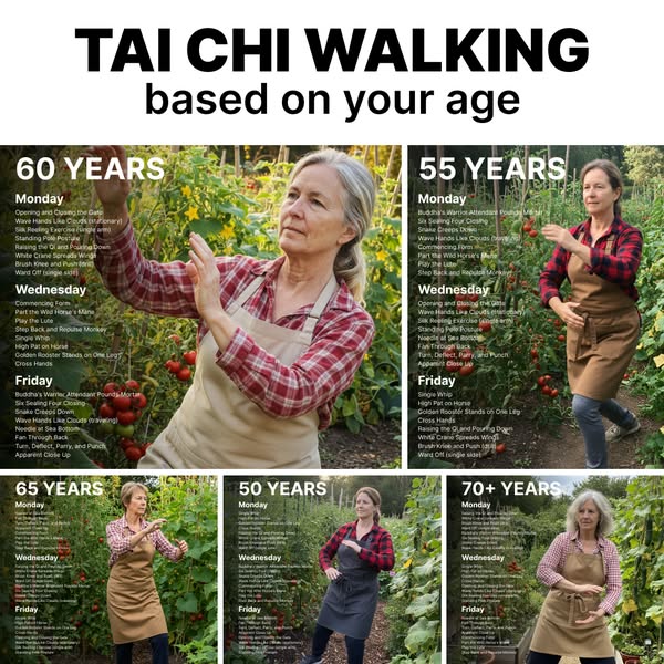 This image ad promotes Tai Chi Walking, tailoring exercises based on the user's age group. It shows different poses 