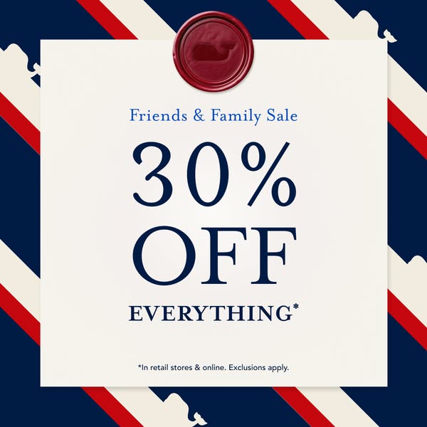 This image ad for Vineyard Vines promotes their Friends & Family Sale, offering 30% off everything.