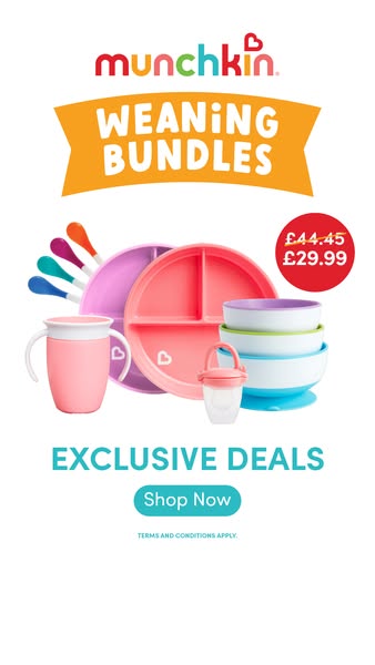 This ad showcases Munchkin weaning bundles, highlighting a discount and encouraging viewers to shop now.