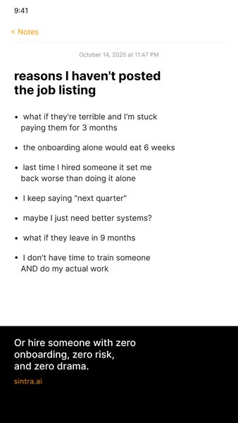 The ad is designed to highlight the problems associated with hiring a new employee and suggests the user hire sintra.ai 