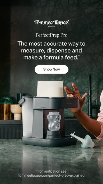 This ad promotes the Tommee Tippee Perfect Prep Pro formula maker. The ad shows the formula maker on a counter with a pe