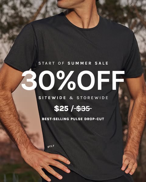 This ad promotes BYLT's Start of Summer Sale offering 30% off sitewide and storewide, featuring the best-selling Pul