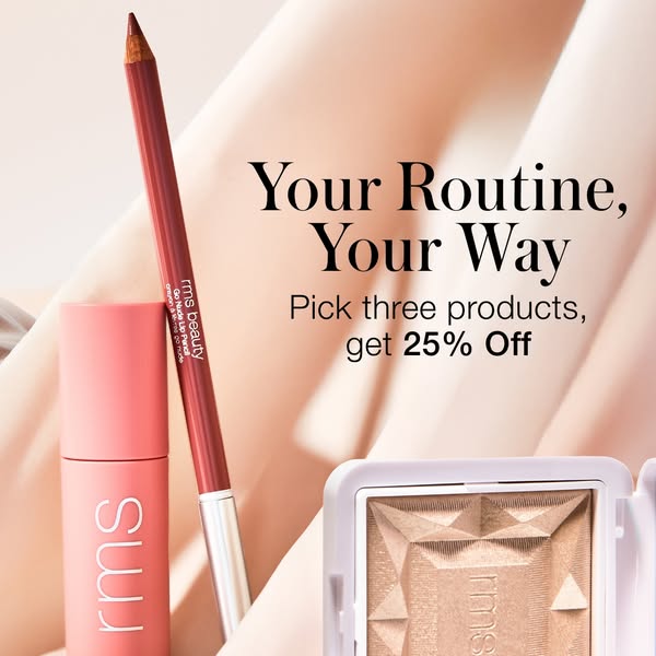 This ad for RMS Beauty promotes a limited-time offer of 25% off when customers pick three products. The ad features a li