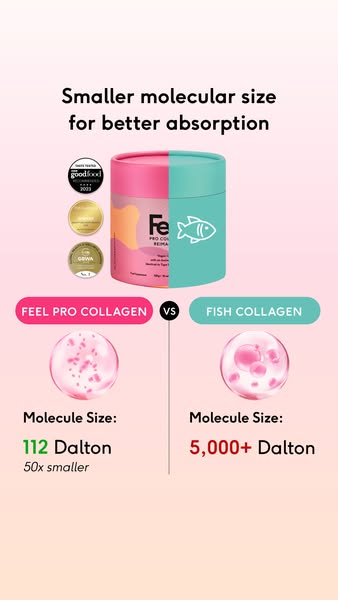 This ad compares Feel Pro Collagen to fish collagen, highlighting the smaller molecular size of Feel Pro Collagen for be
