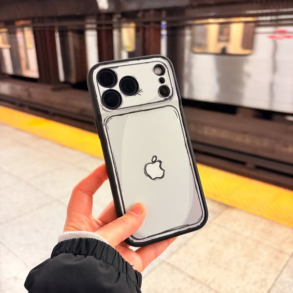 This ad features a hand holding an iPhone with a phone case that has a cartoon-like design of an iPhone on it. The ad is