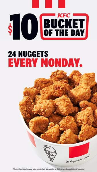 This image ad promotes KFC's 24-piece nugget bucket for $10 every Monday.
