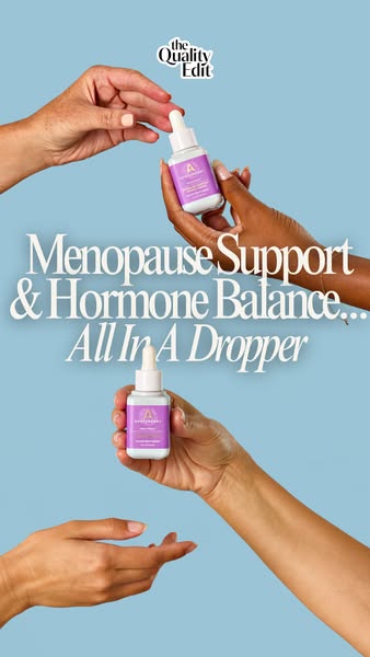 This ad showcases the brand Ayurthérapie and its menopause support and hormone balance product using a dropper.