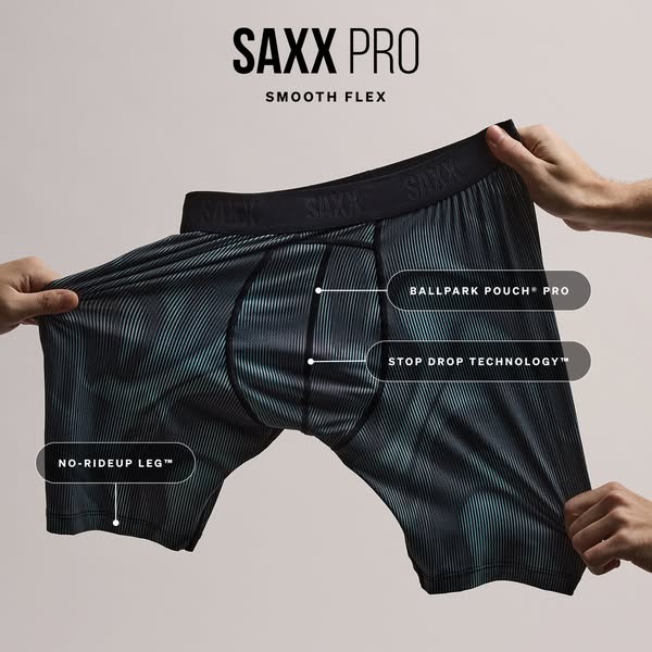 This image ad highlights the SAXX Pro Smooth Flex underwear. The ad displays a pair of the underwear being stretched by 