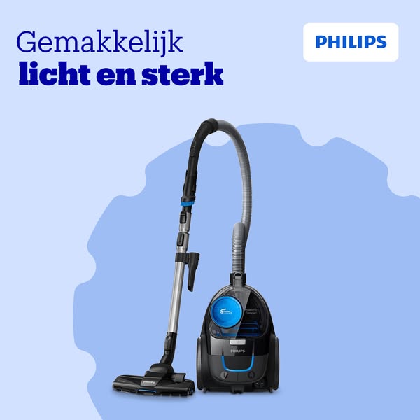 This ad showcases a Philips vacuum cleaner, emphasizing its lightweight and strong features. The ad uses a clean, minima