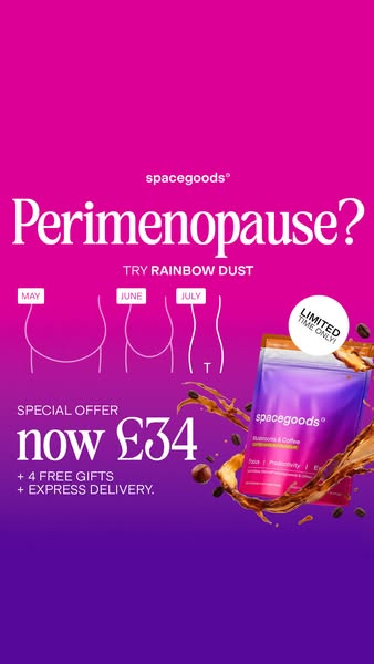 This image ad is for Spacegoods Rainbow Dust, a mushroom and coffee blend, targeting people experiencing perimenopause. 