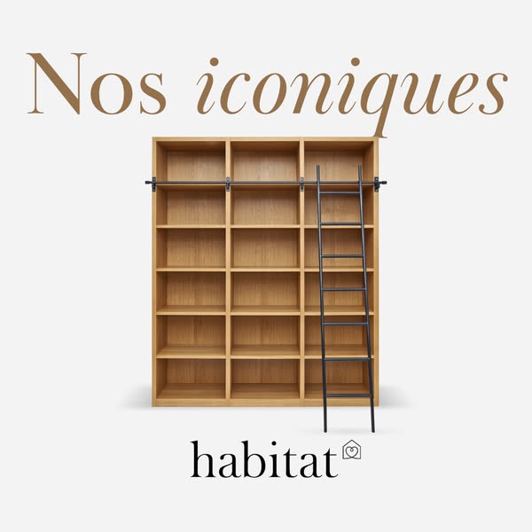 This ad features a large wooden bookshelf with a sliding ladder. The ad promotes the brand Habitat and highlights their 