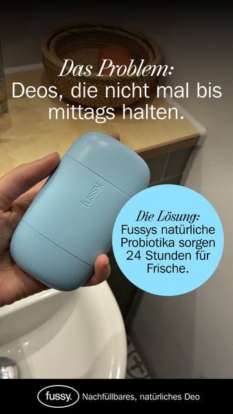 This ad highlights the problem of deodorants not lasting all day and presents Fussy's natural probiotic deodorant as