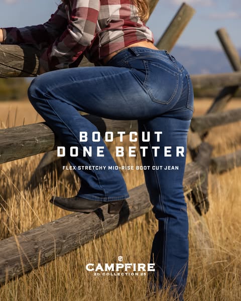 An image ad that showcases a pair of Campfire brand bootcut jeans on a woman leaning against a wooden fence, highlightin