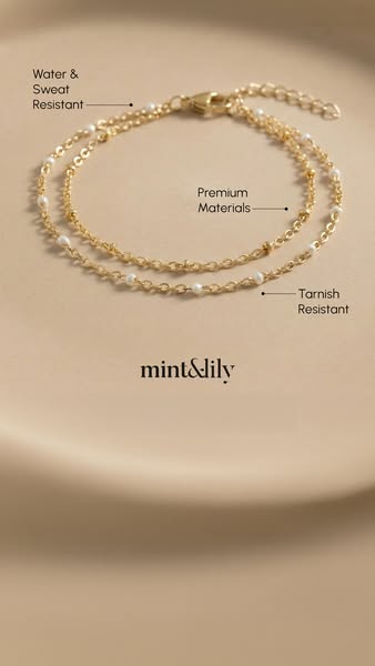This ad for mint&lily features a close-up shot of two gold chain bracelets. The ad calls out features like water and