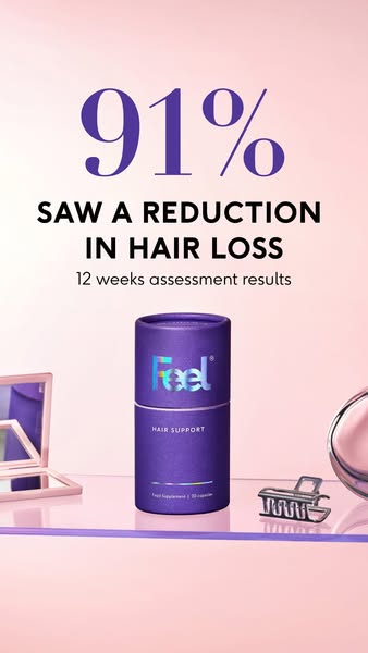 This ad promotes Feel Hair Support supplements, highlighting a study that showed 91% of users saw a reduction in hair lo