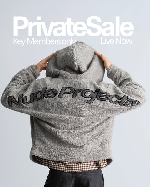 This image ad showcases a grey hoodie from the brand Nude Project that is being offered in a private sale for key member