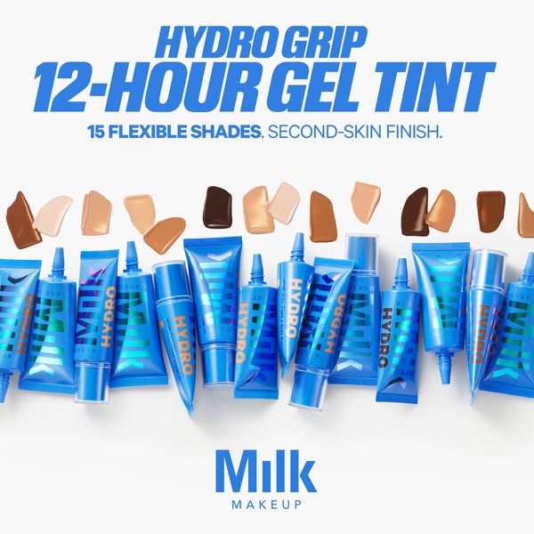 This ad showcases Milk Makeup's Hydro Grip 12-Hour Gel Tint, emphasizing its flexible shades and second-skin finish.