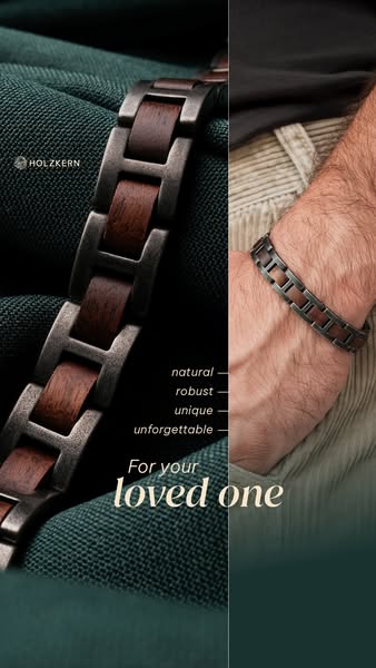 This ad showcases a wooden bracelet, emphasizing its natural and unique qualities. The ad is split into two sections, on