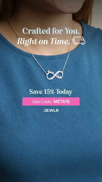 The image ad showcases a silver necklace with an infinity symbol pendant with space for two names to be included. An off